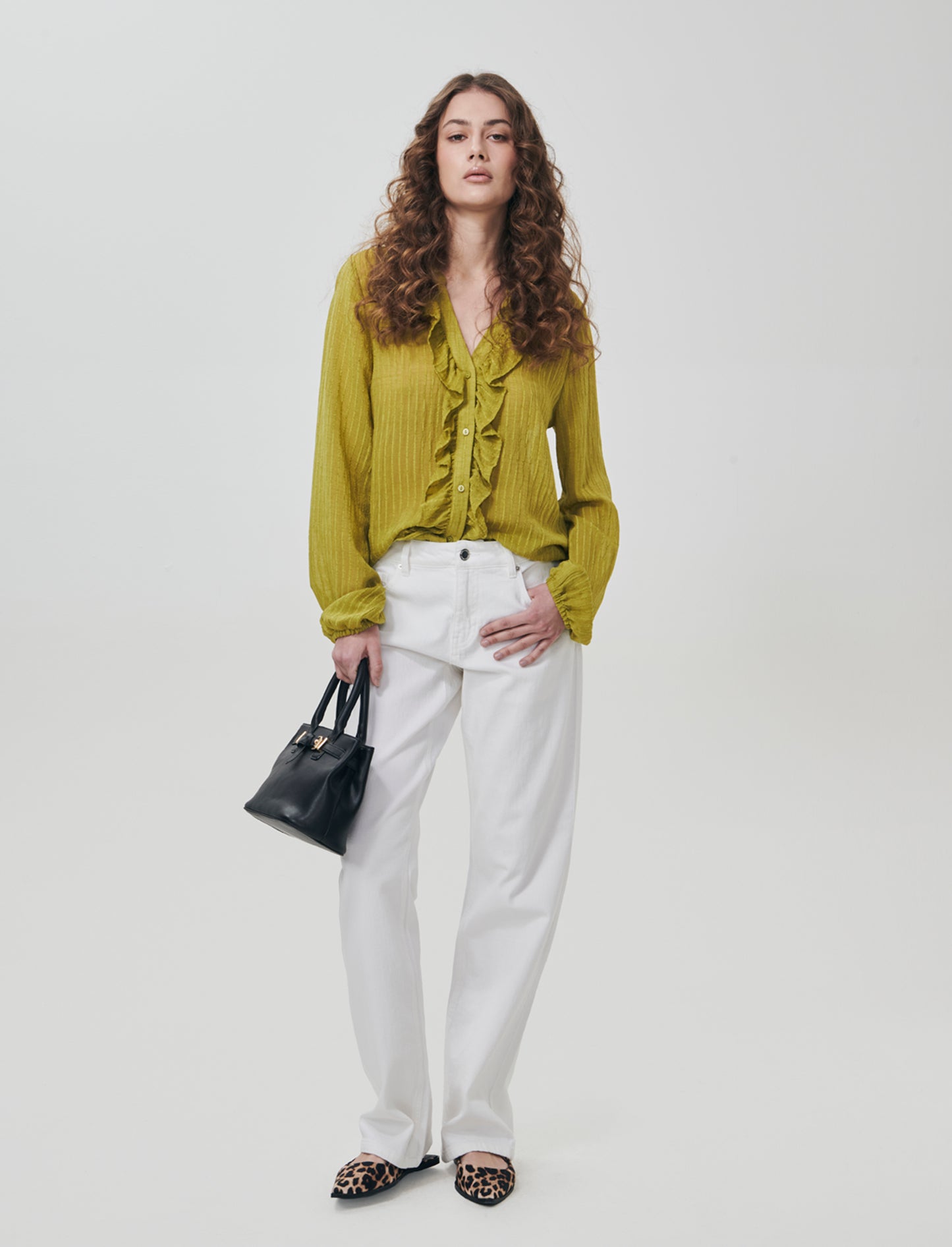 Camicia con Rouches e Collo Coreano - Verde pistacchio