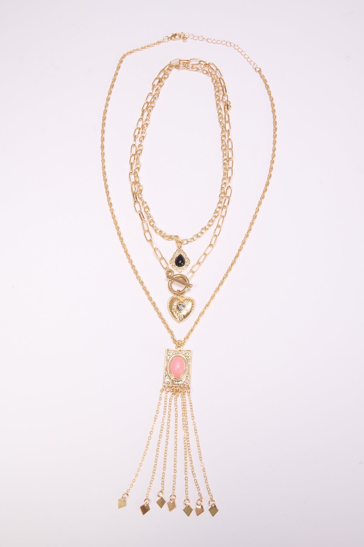 Collana donna 3 fili cuore + pendenti con pietra - Oro