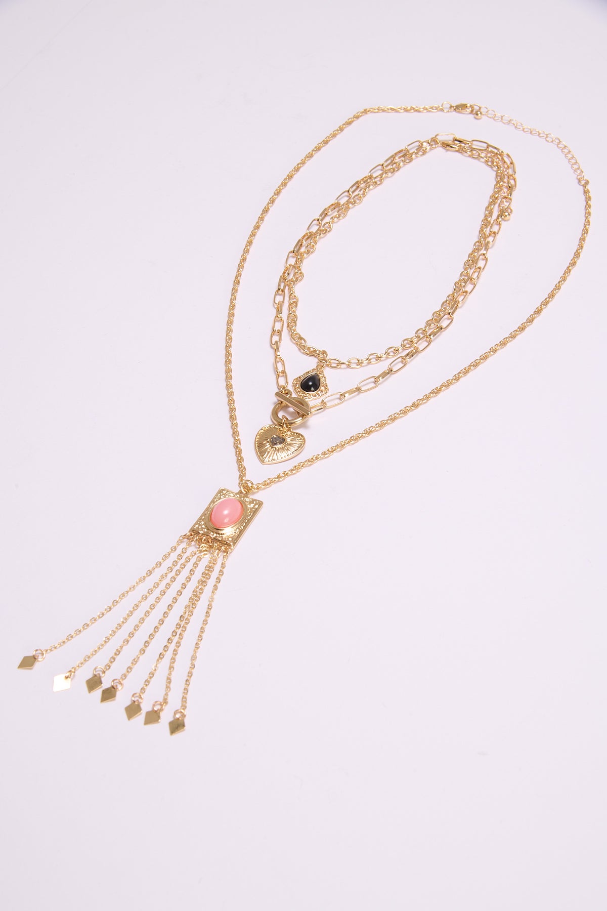 Collana donna 3 fili cuore + pendenti con pietra - Oro