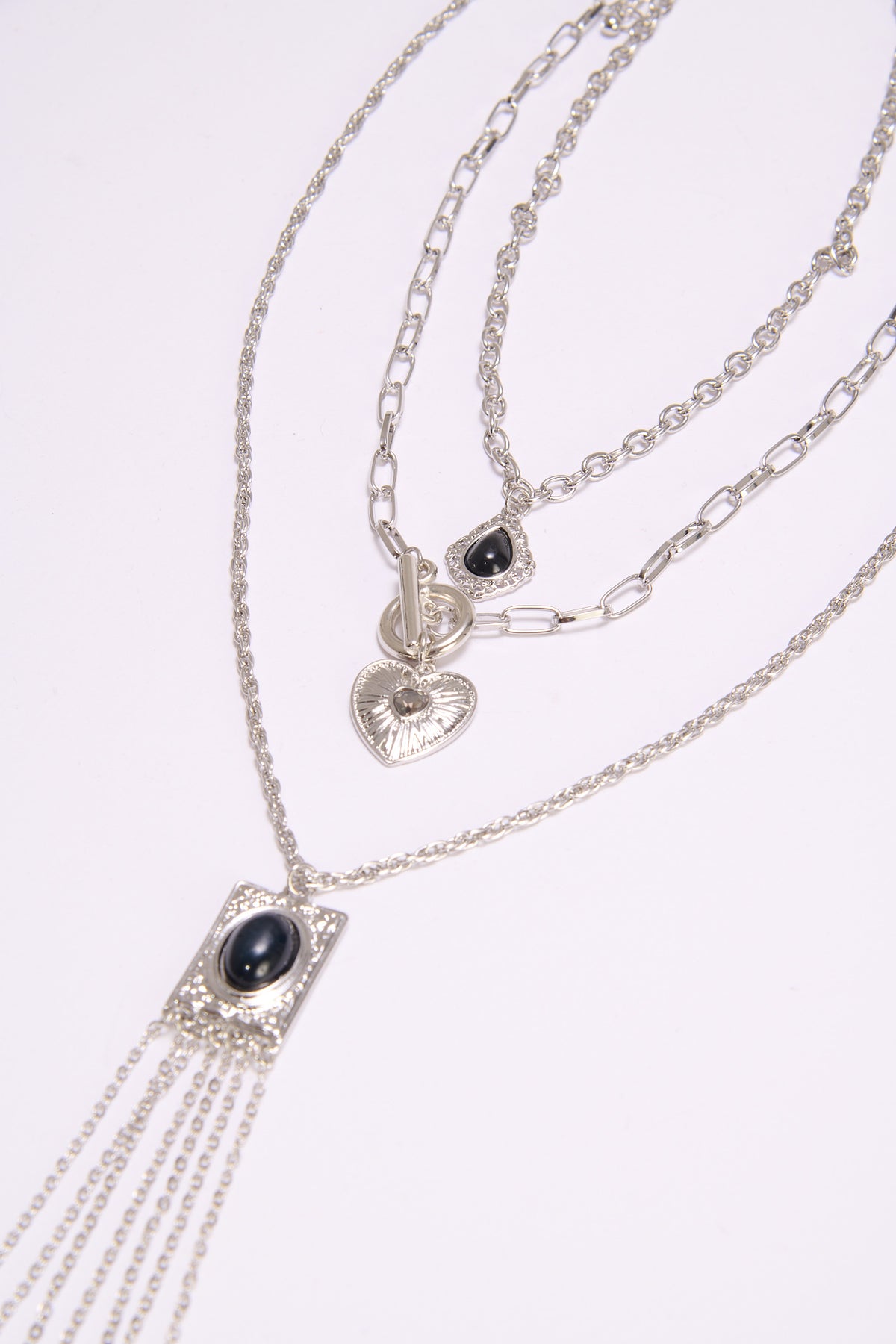 Collana donna 3 fili cuore + pendenti con pietra - Argento