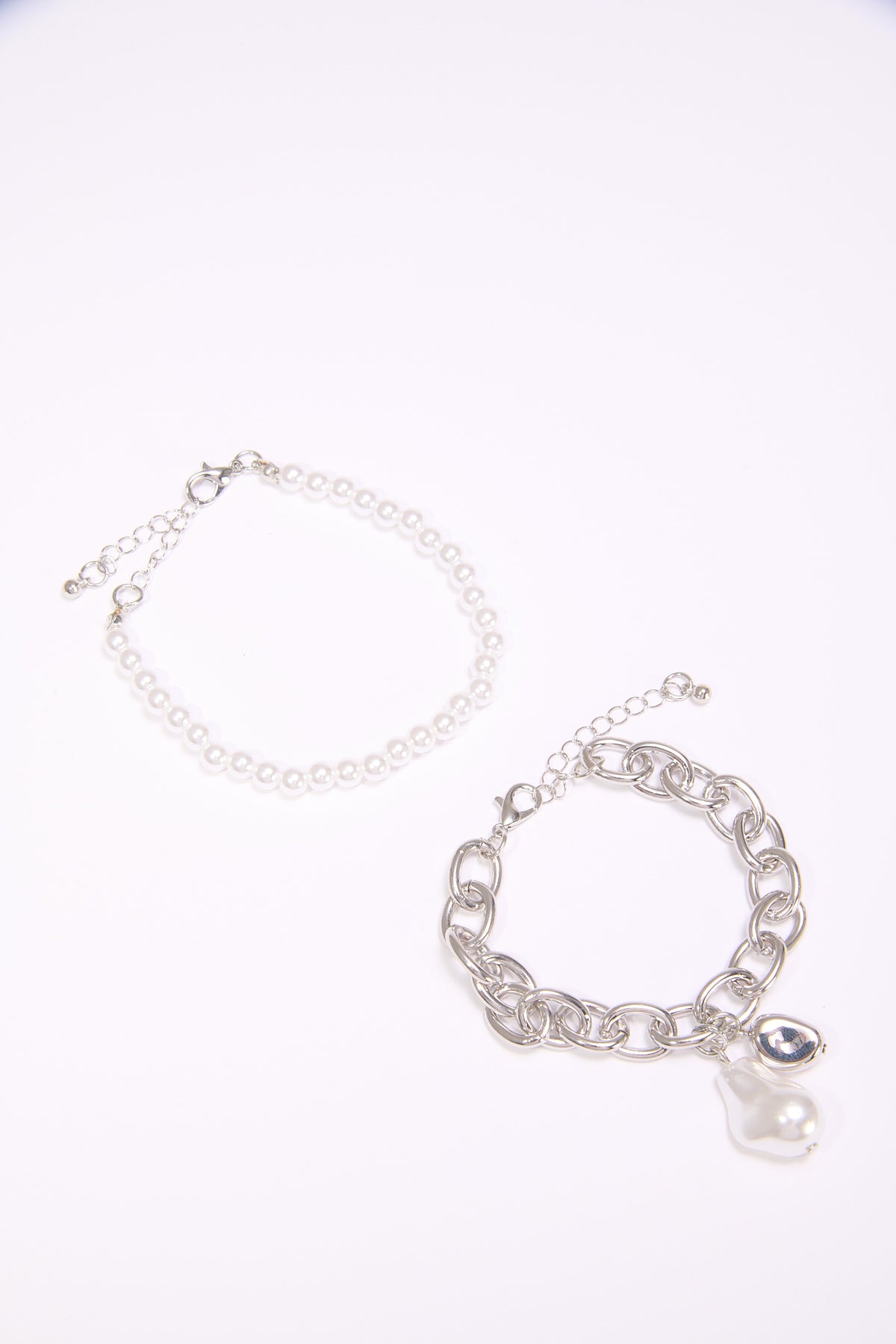 Bracciale donna card 2 pezzi perline + perla grande - Argento