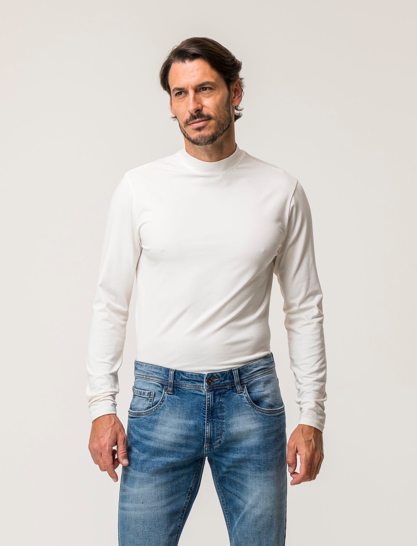 T-shirt collo alto maniche lunghe slim fit - Bianco latte