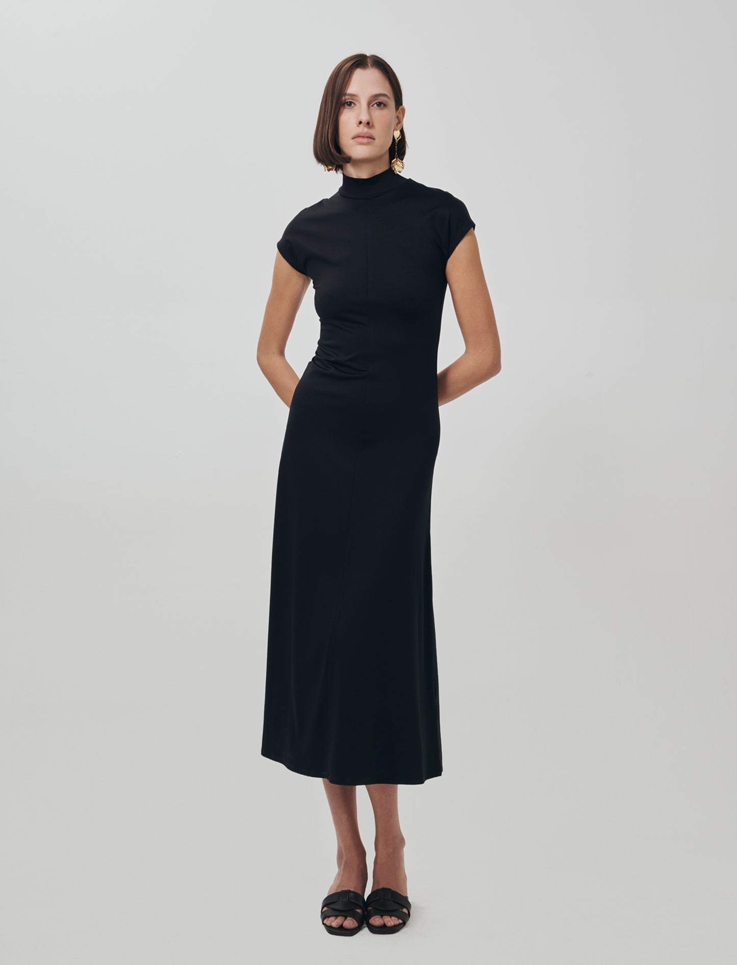 Vestito lungo in cotone manica corta - Nero