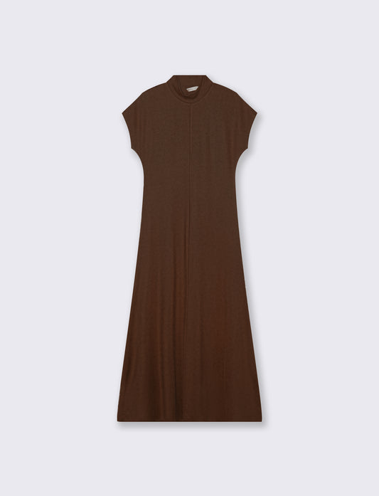 Vestito lungo in cotone manica corta - Marrone cioccolato
