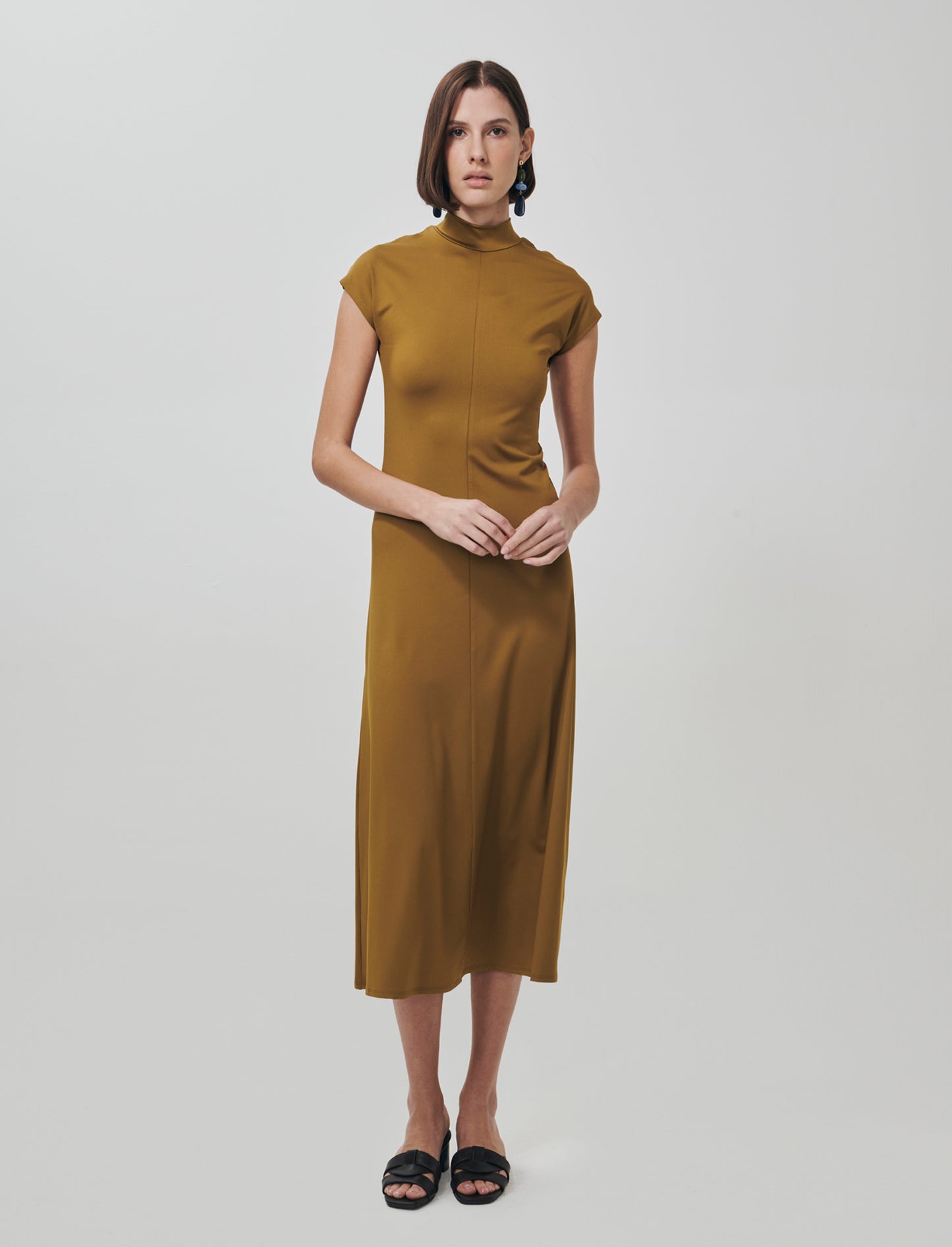 Vestito lungo in cotone manica corta - Verde oliva