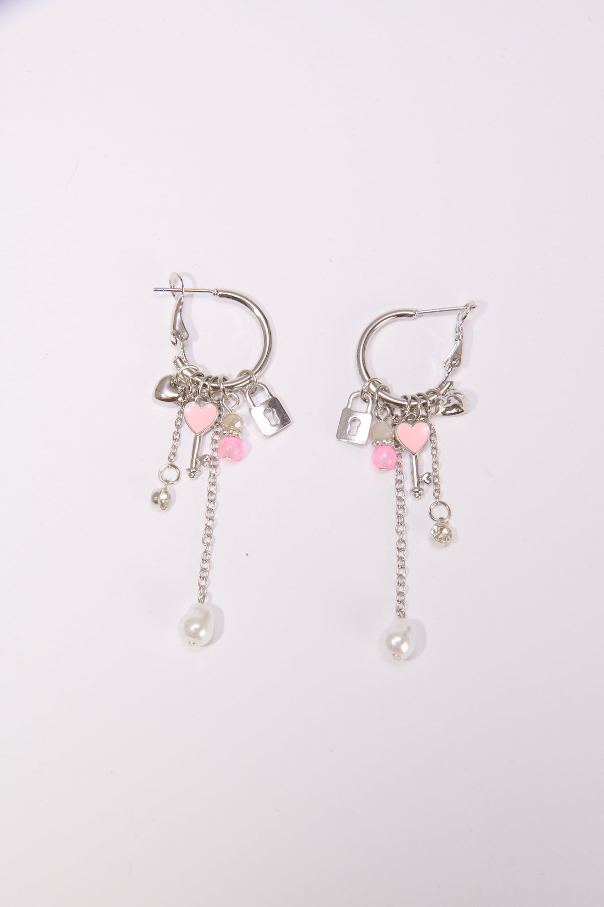 Orecchini donna cerchietti con chiave cuori pendenti - Argento
