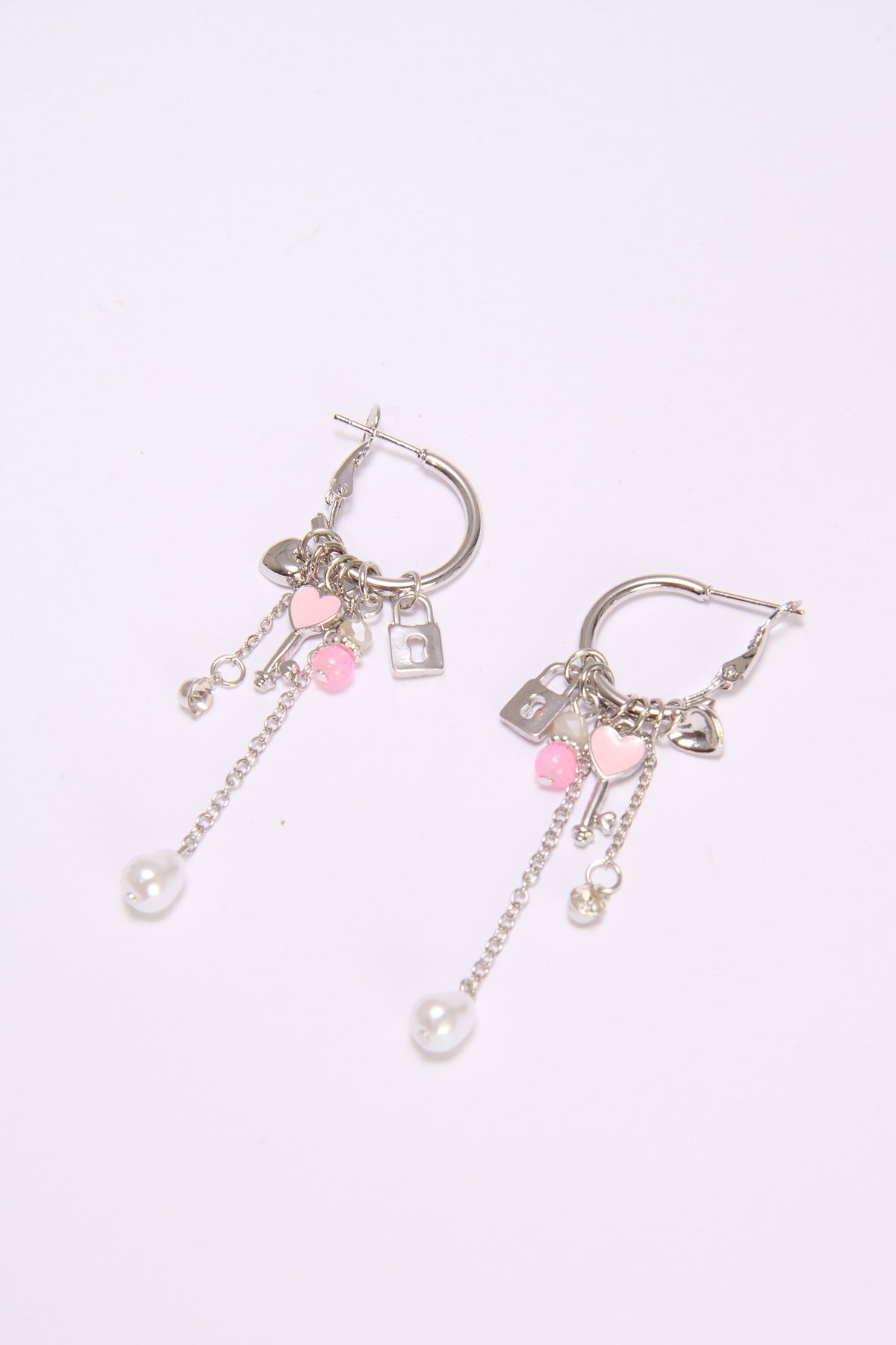 Orecchini donna cerchietti con chiave cuori pendenti - Argento