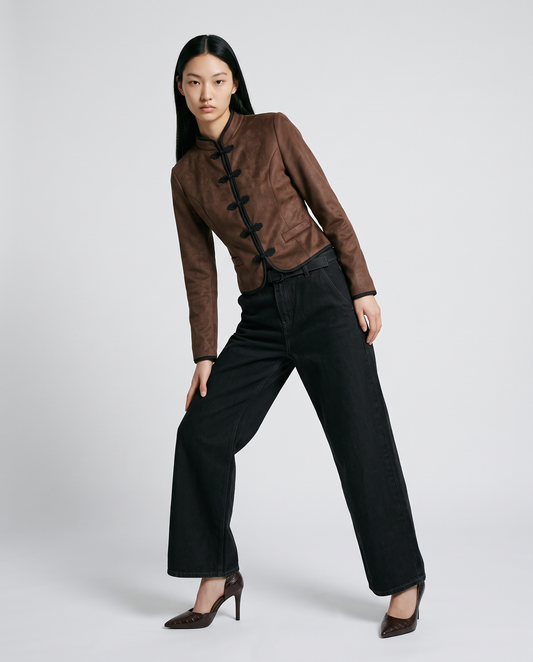 Mandarin collar jacket with frog closures - Brown