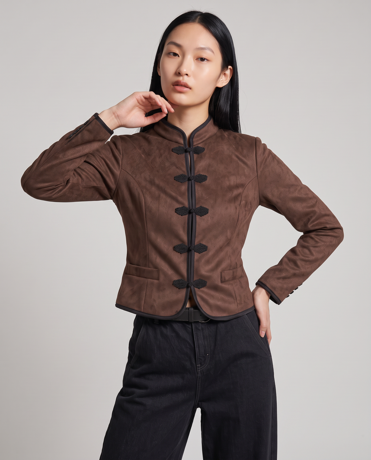 Mandarin collar jacket with frog closures - Brown