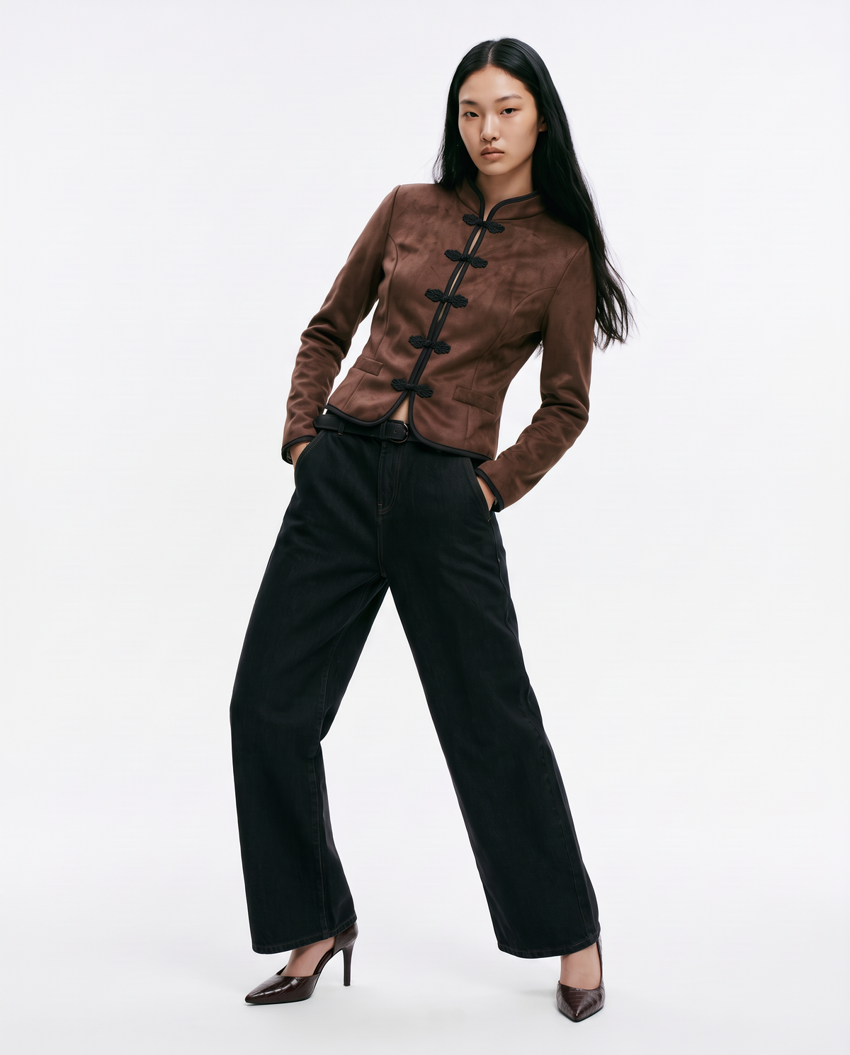 Mandarin collar jacket with frog closures - Brown