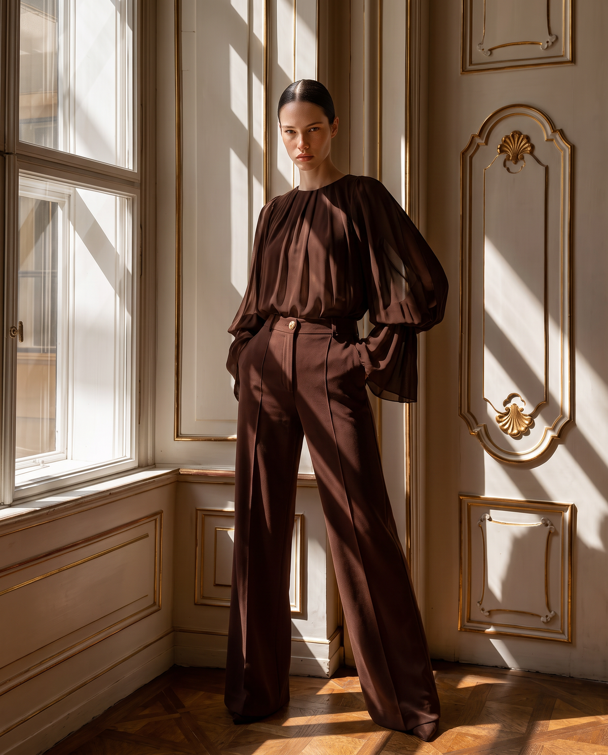 Long sleeve tunic with arm slits and elasticated cuffs - Brown