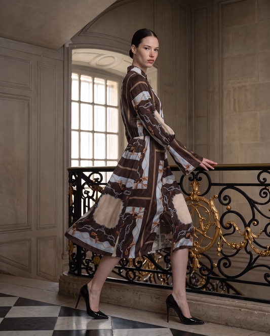 Satin dress with high cuffs and front slit - Multicolor
