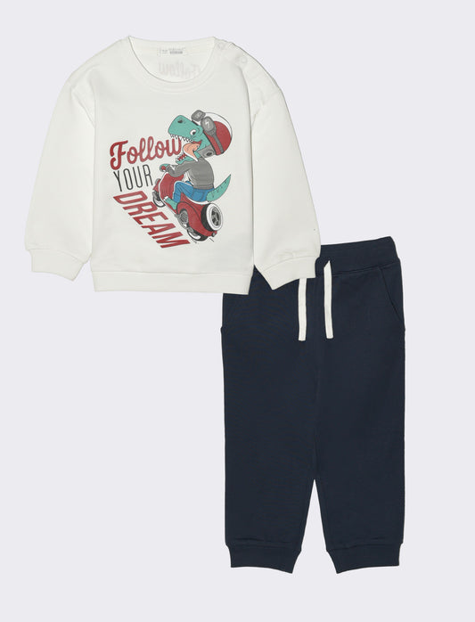 Tuta basica con stampa e jogger tinta unita - Bianco latte
