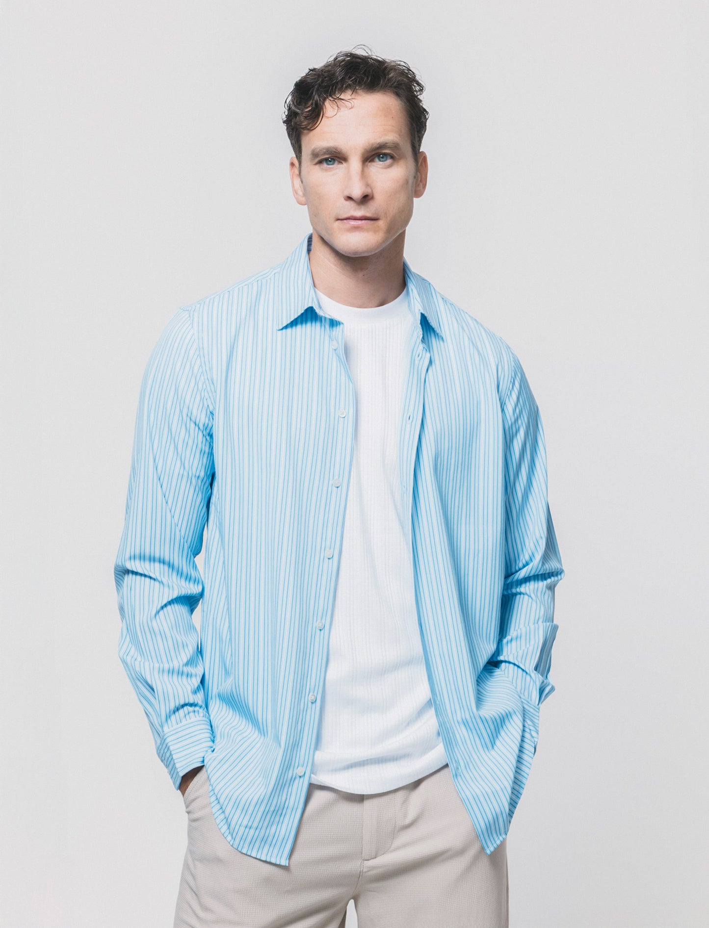 Slim Fit Striped Technical Fabric Shirt - Sky blue