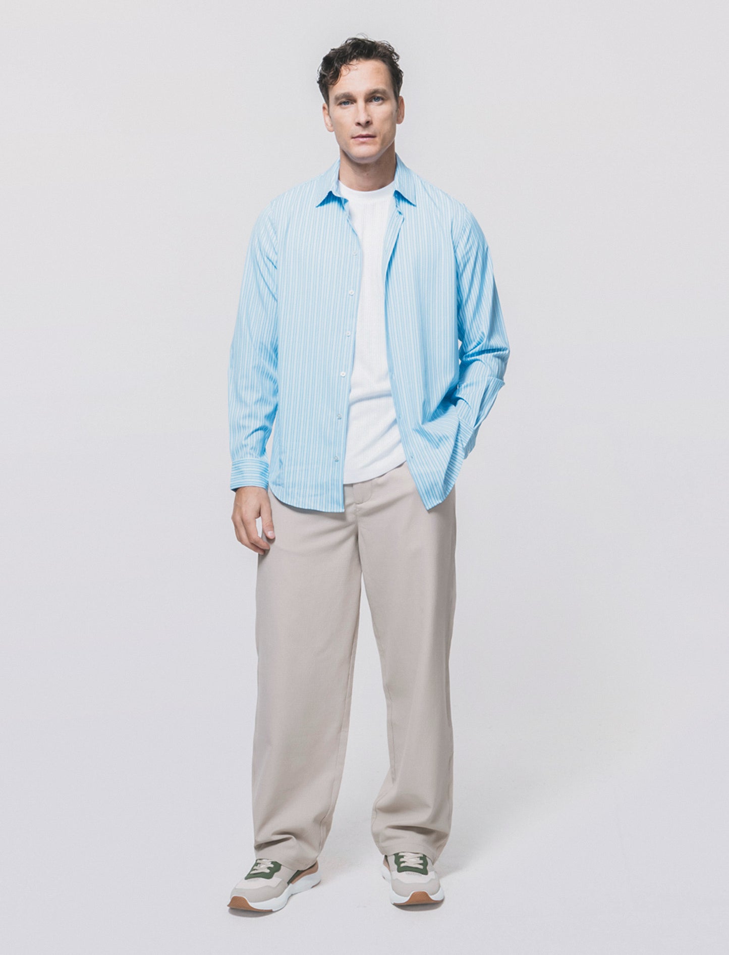 Slim Fit Striped Technical Fabric Shirt - Sky blue