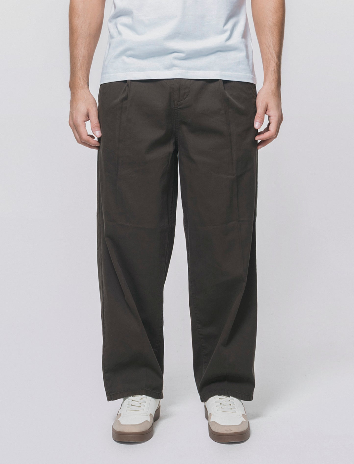 Wide Leg Twill Chino Pants - Brown