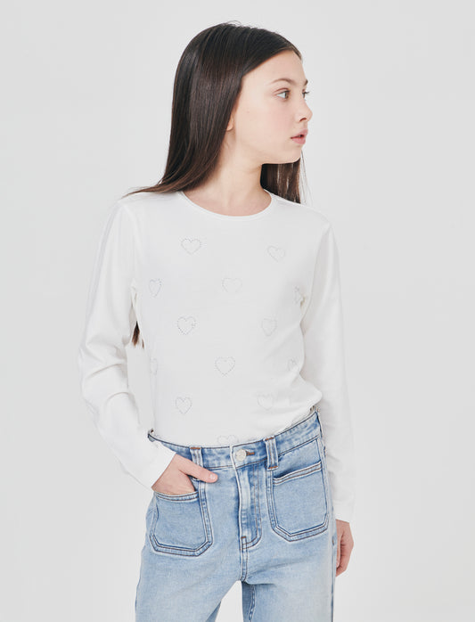 T-shirt da bambina in cotone elastico. - Bianco latte