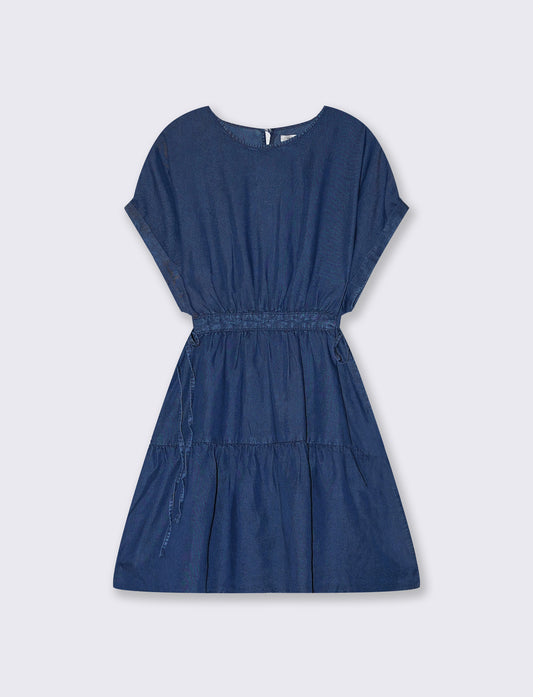 Vestito in Lyocell con coulisse e balza - DENIM SCURO