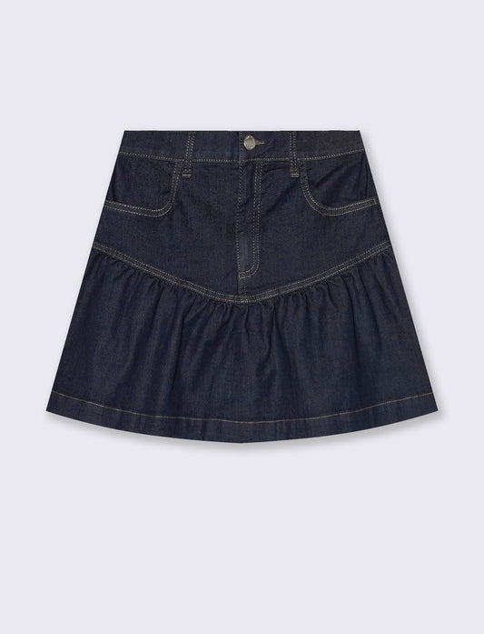 Gonna corta con volant e taglio a V - DENIM SCURO