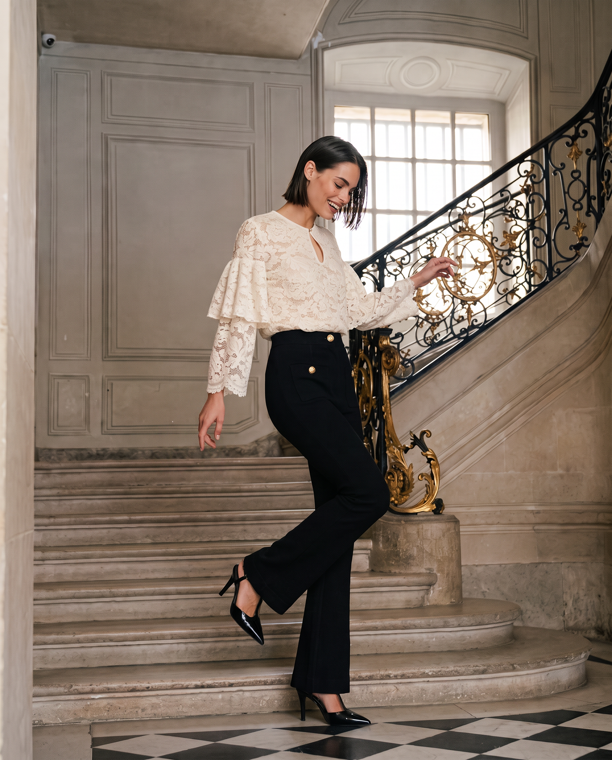Lace tunic top with bell sleeves and keyhole neckline - White