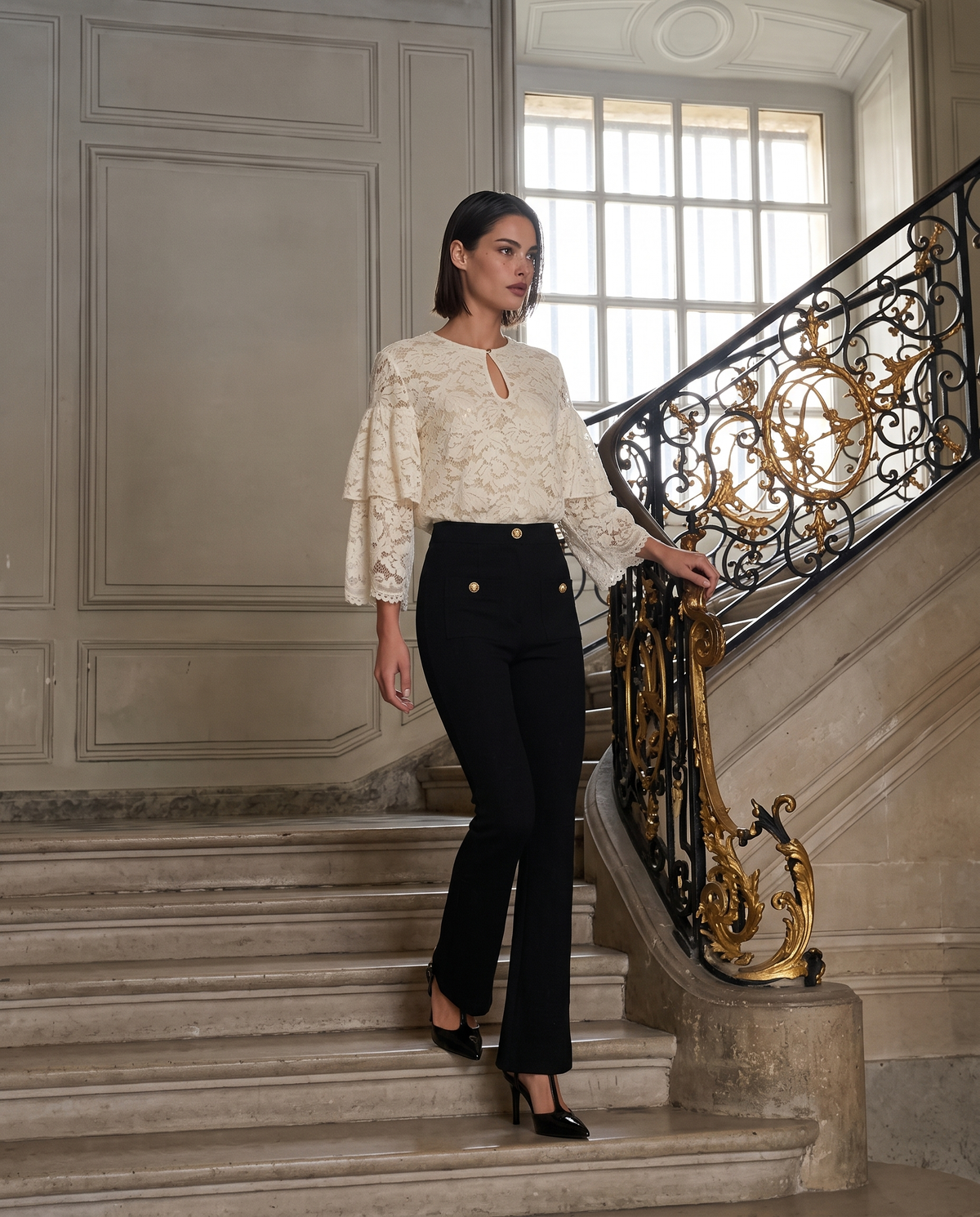 Lace tunic top with bell sleeves and keyhole neckline - White