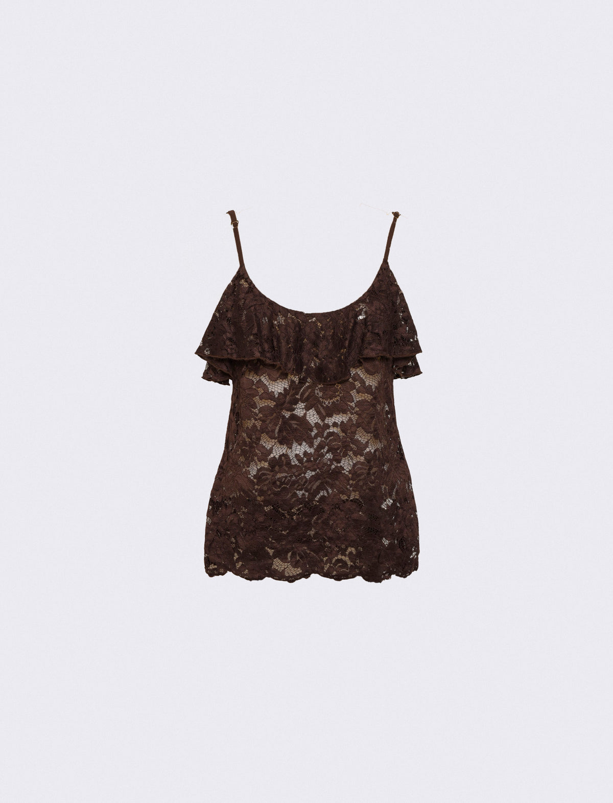 Top in pizzo con balza sullo scollo e bretelle regolabili - Moro