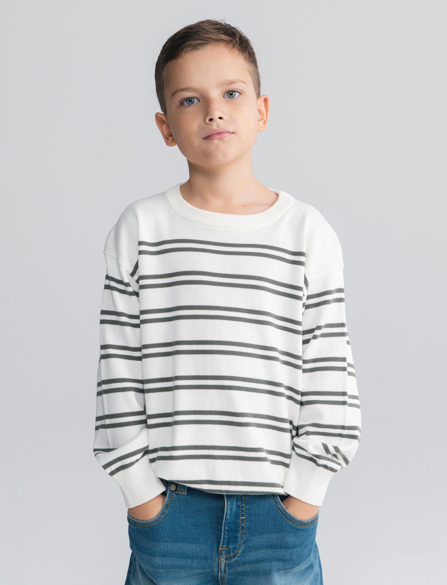 Maglia rigata girocollo in cotone comoda - Bianco latte