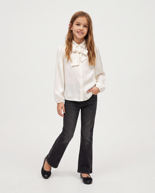 Camicia con bottoni perlati e fiocco - Bianco