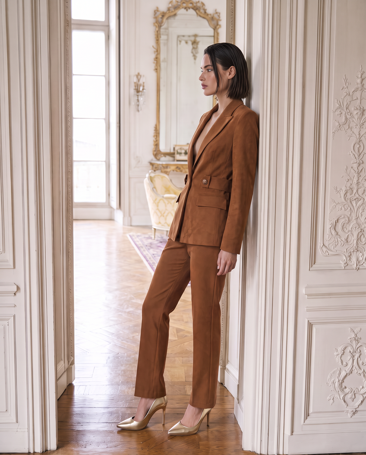 Slim fit jacket in flowing fabric with concealed button - BROWN