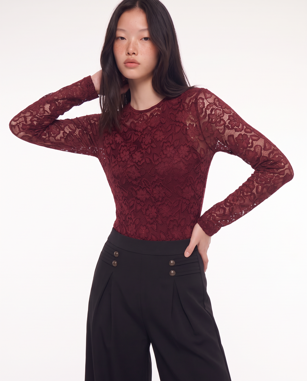 Body in pizzo a manica lunga - Bordeaux