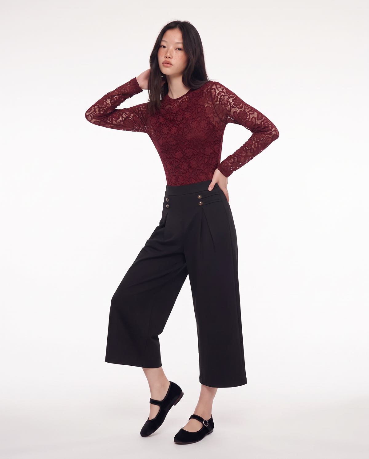 Body in pizzo a manica lunga - Bordeaux