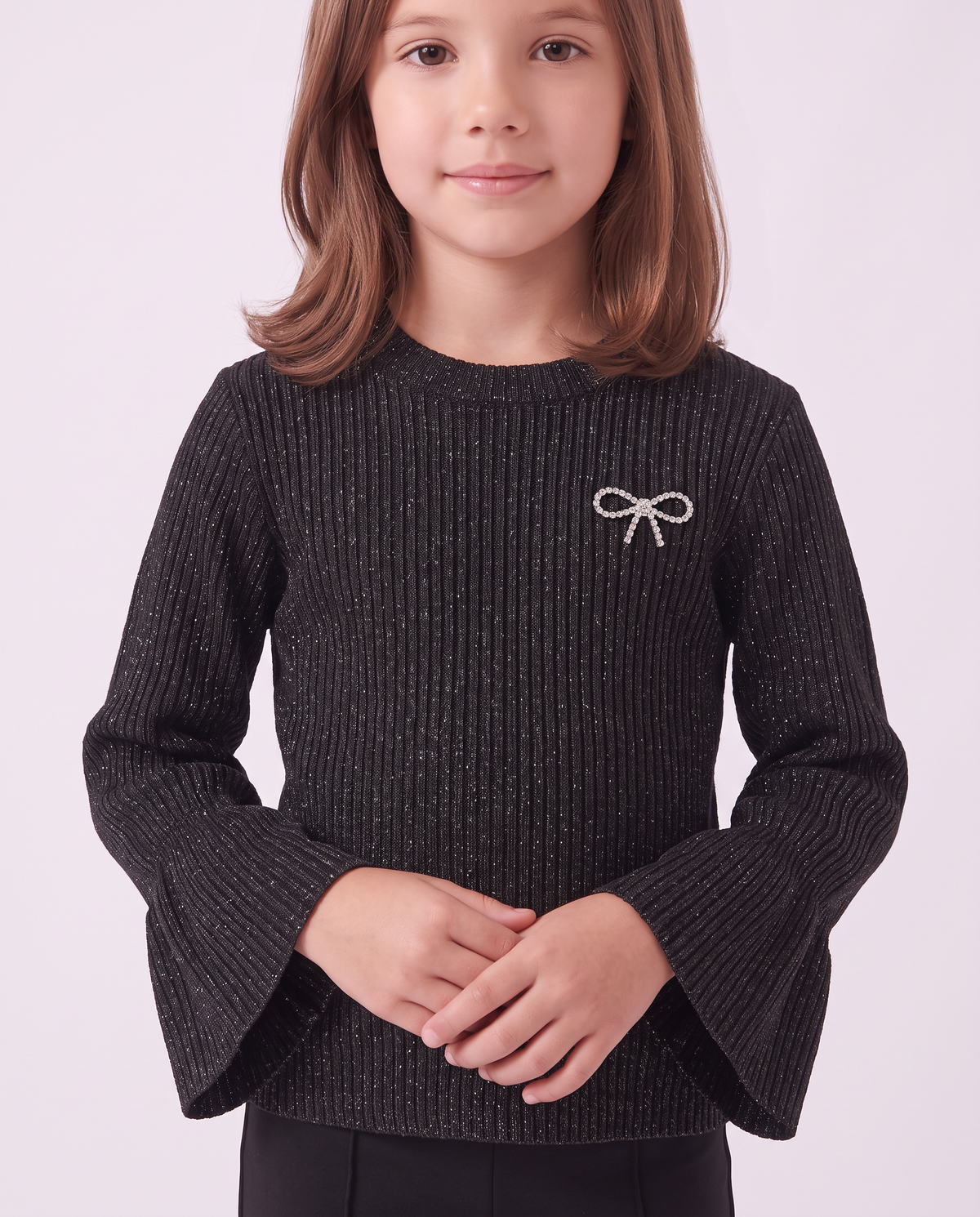 Glittery pullover with jewel brooch - Black