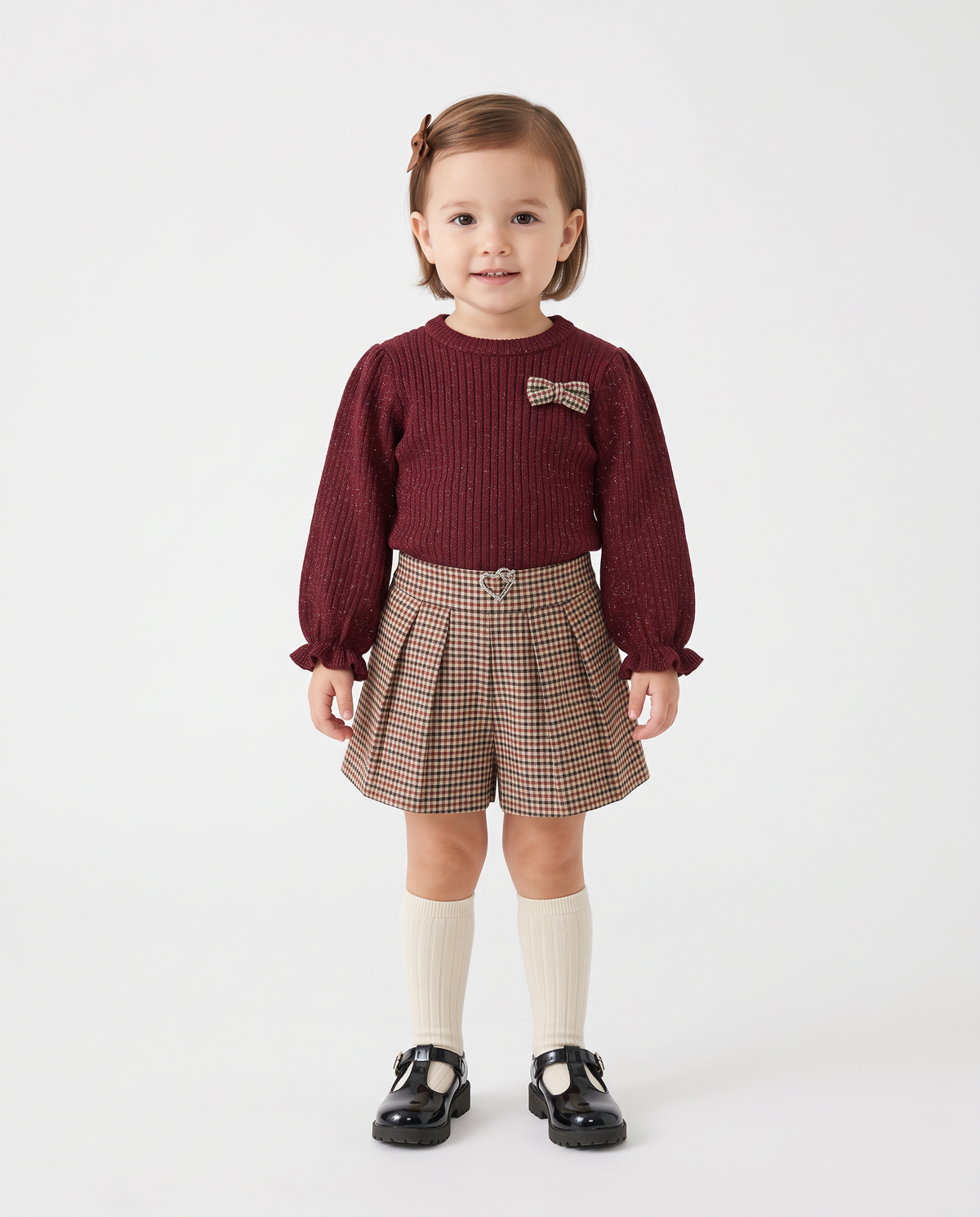 Maglia brillante con fiocchetto a quadretti - Bordeaux