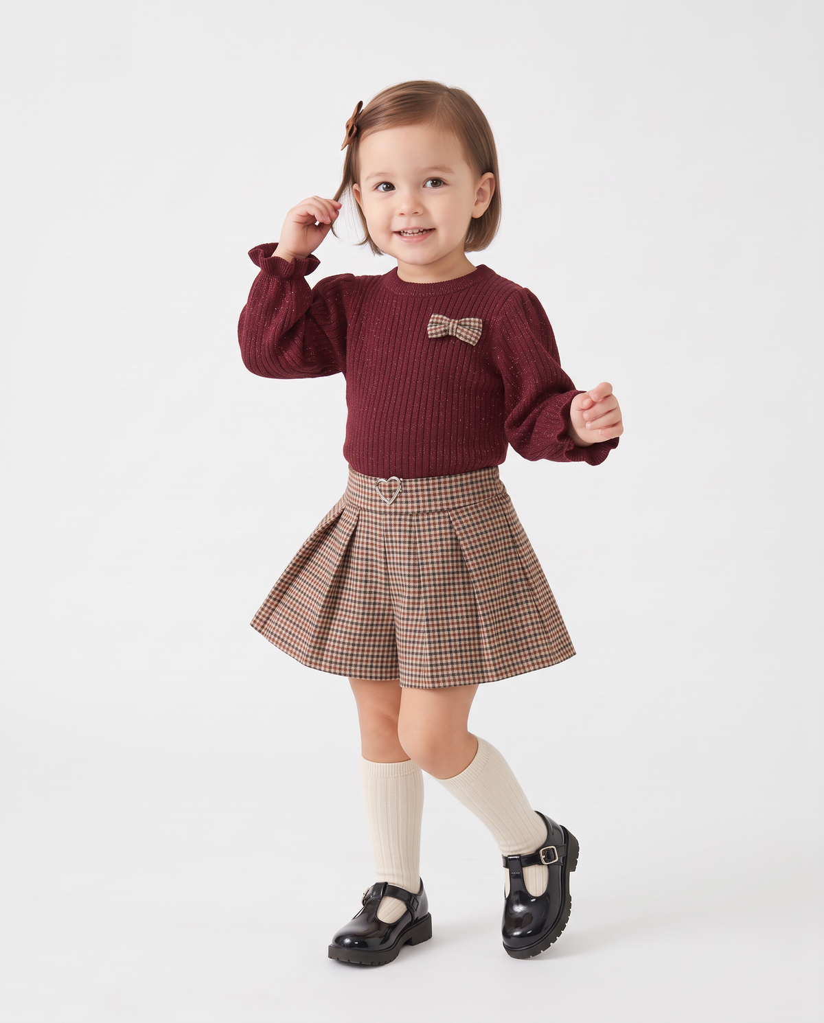 Maglia brillante con fiocchetto a quadretti - Bordeaux