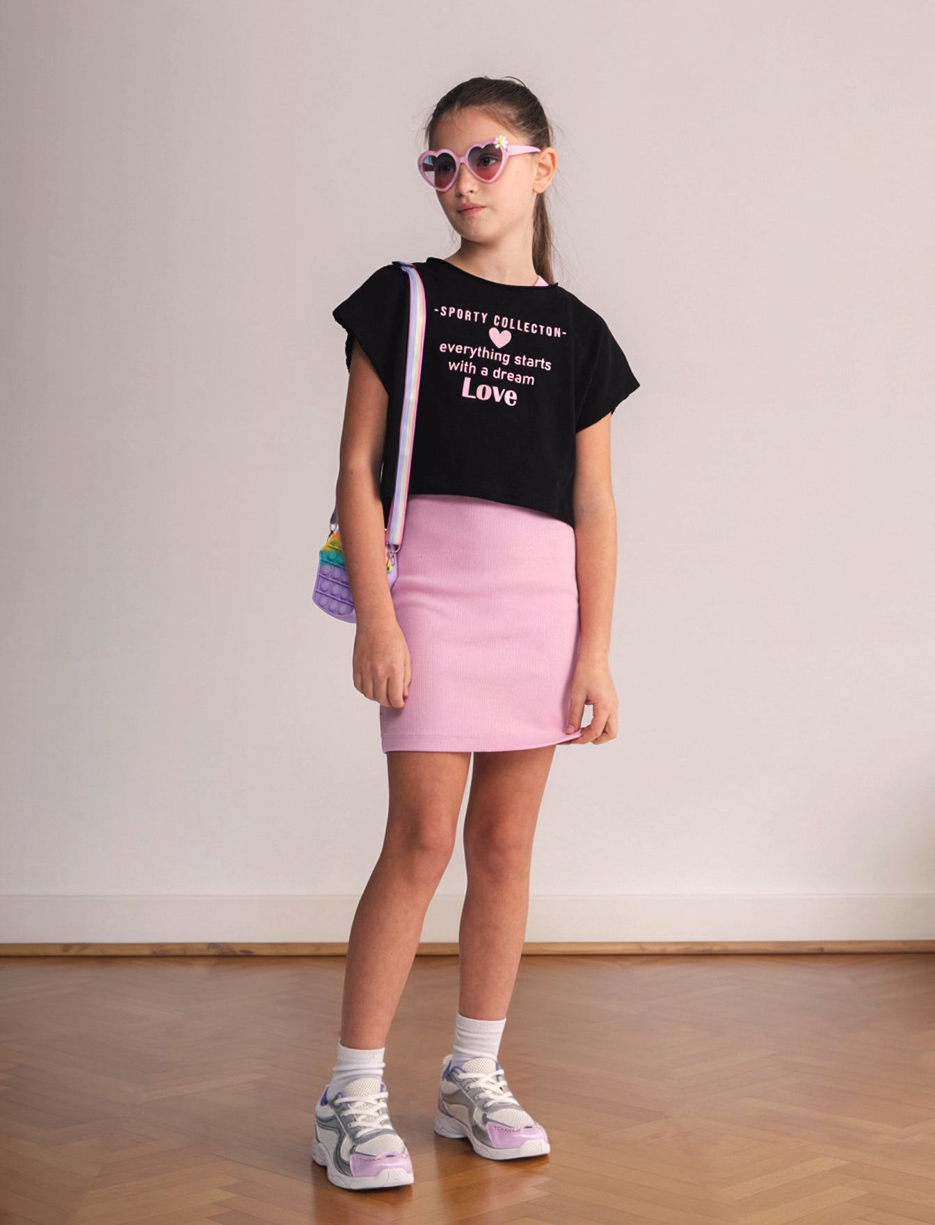 2-Piece Set: Rib Dress and Cropped T-Shirt - Pink