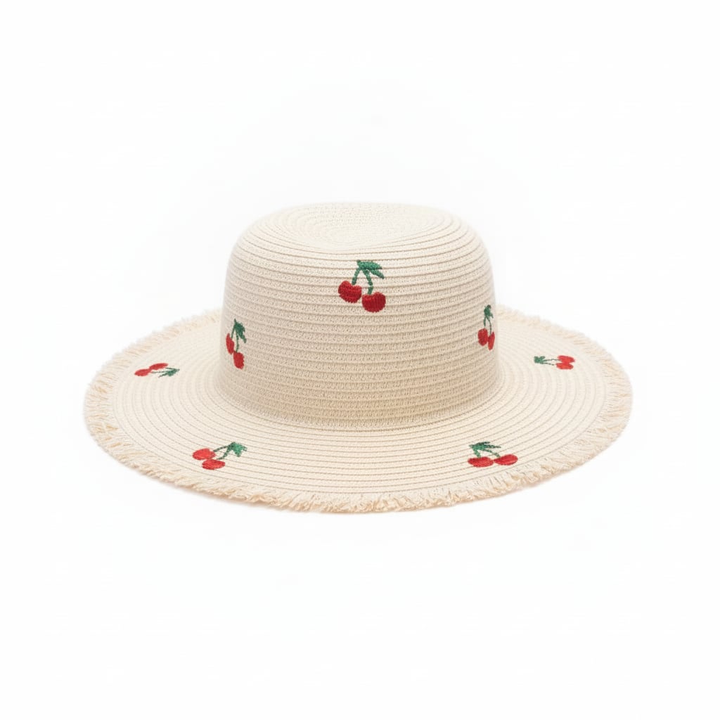 Cappello bambina falda larga con ciliege - Bianco natural