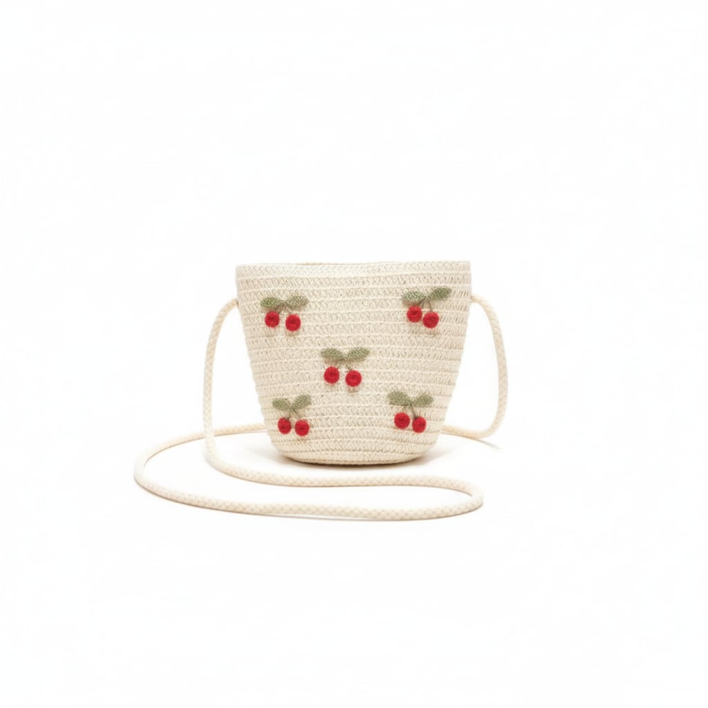 Borsa bambina con ciliege in paglia - Bianco