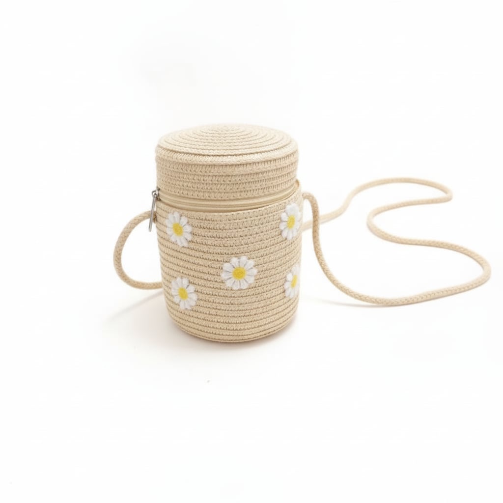 Secchiello bambina con margherite in paglia - Bianco natural