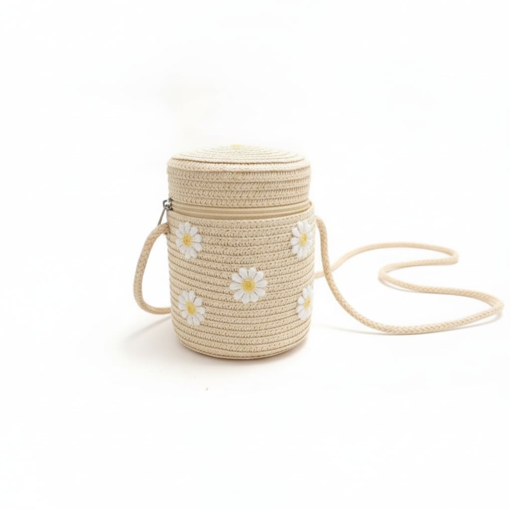 Secchiello bambina con margherite in paglia - Bianco natural