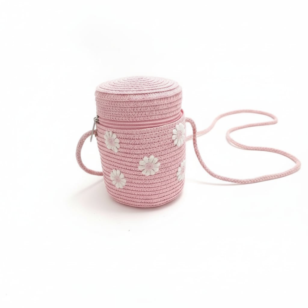 Secchiello bambina con margherite in paglia - Rosa