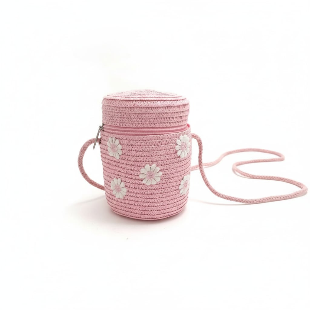 Secchiello bambina con margherite in paglia - Rosa
