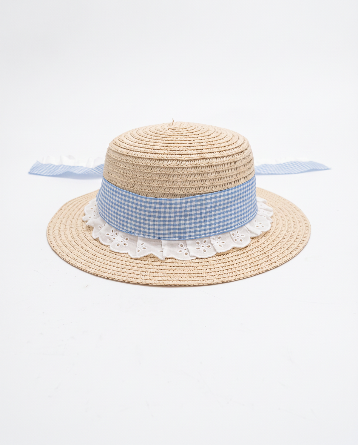 Cappello carta con fiocco vichy e pizzo - Bianco natural