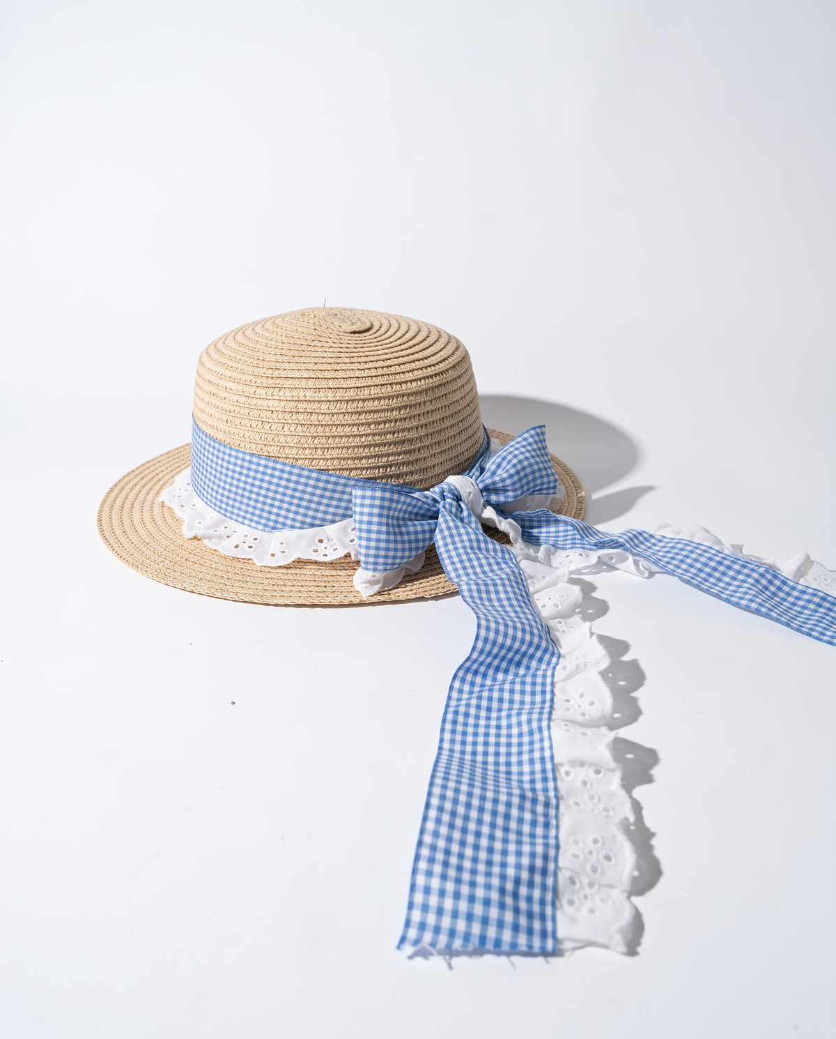Cappello carta con fiocco vichy e pizzo - Bianco natural