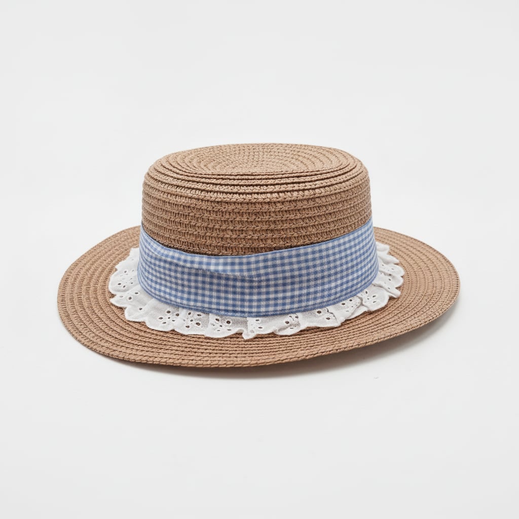 Cappello carta con fiocco vichy e pizzo - Marrone