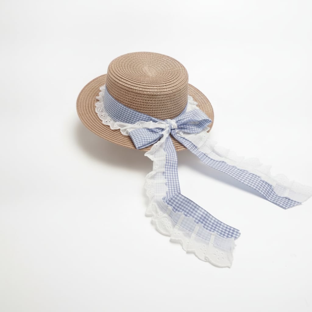 Cappello carta con fiocco vichy e pizzo - Marrone
