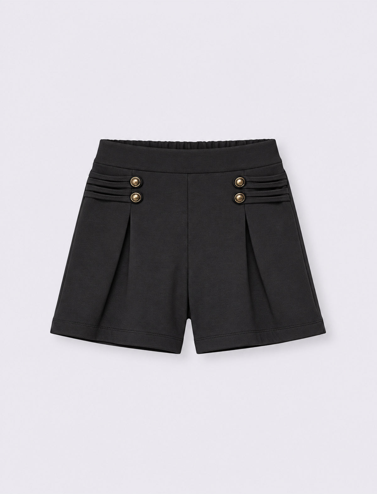 Short elegante con pieghe e bottoni decorativi. - Nero