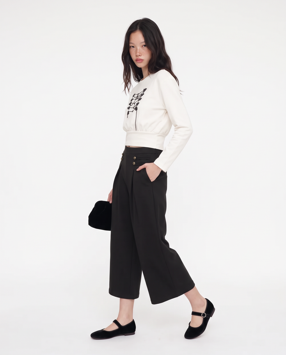 Pantaloni wide leg in interlock - Nero