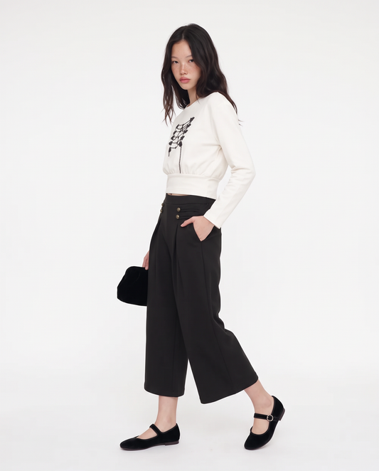 Pantaloni wide leg in interlock - Nero