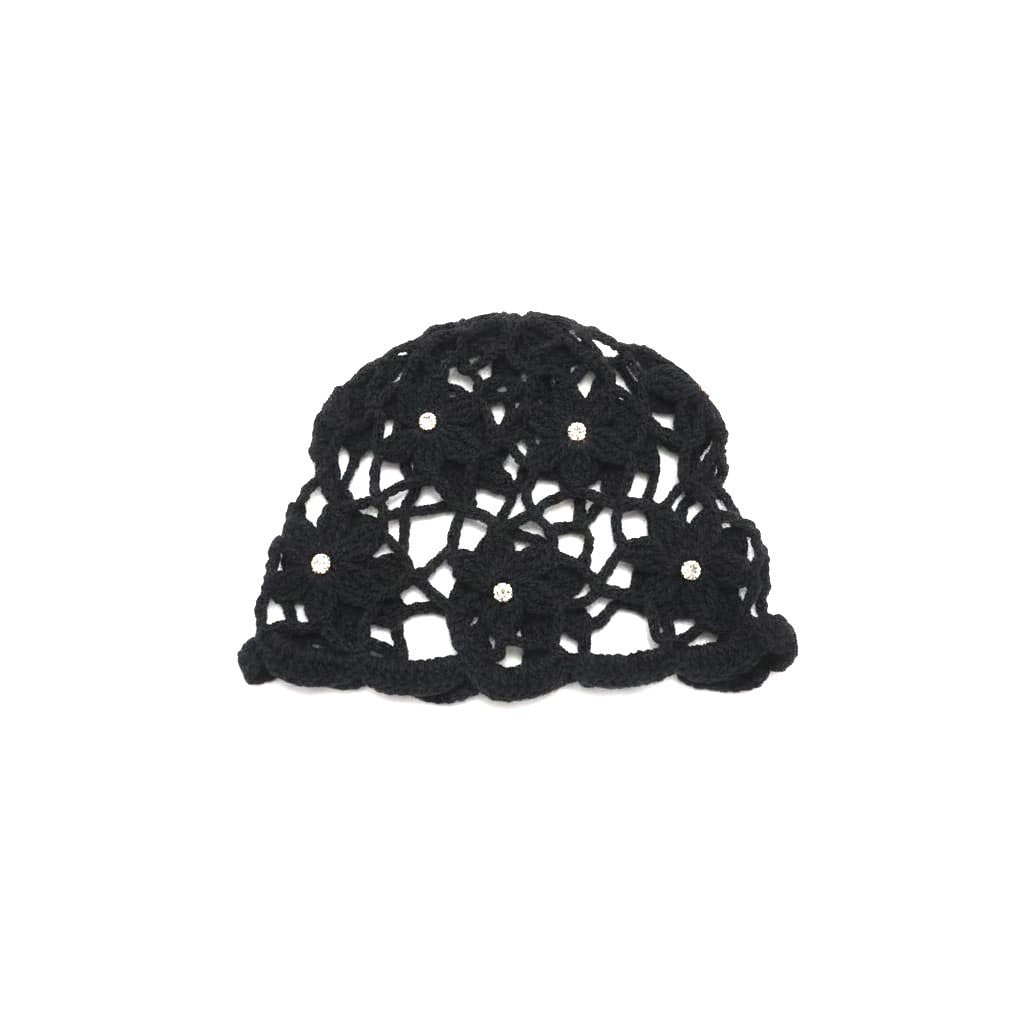 Cappello donna cuffia crochet ricamo fiori - Nero
