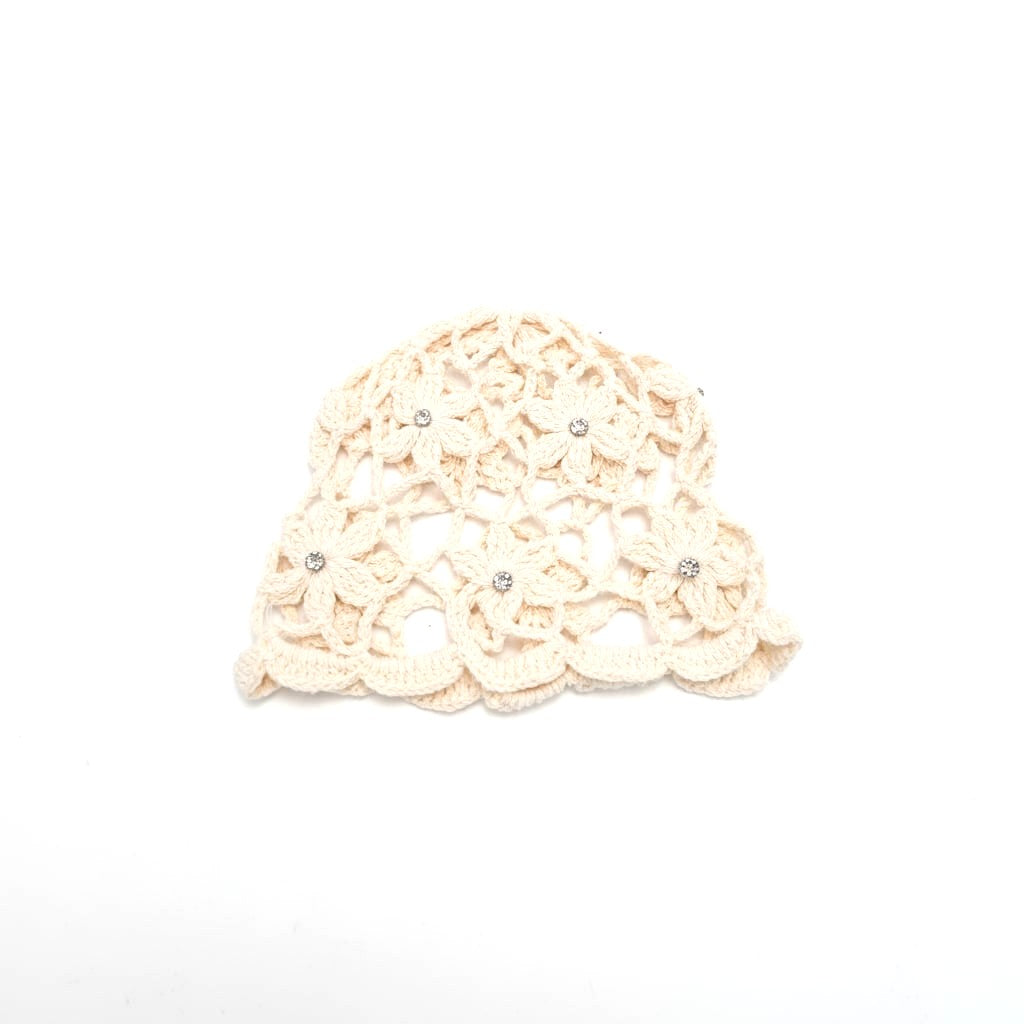 Cappello donna cuffia crochet ricamo fiori - Bianco panna